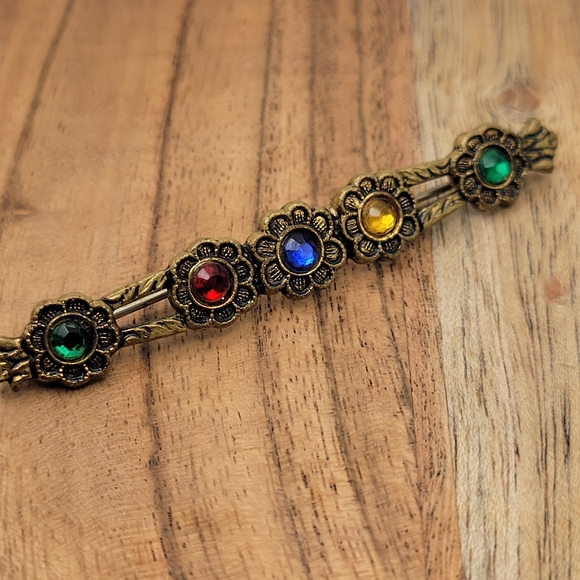 Vintage Brass Bar Multi-color Rhinestones in C-Clasp Closure Circa 1930s - Picture 3 of 6